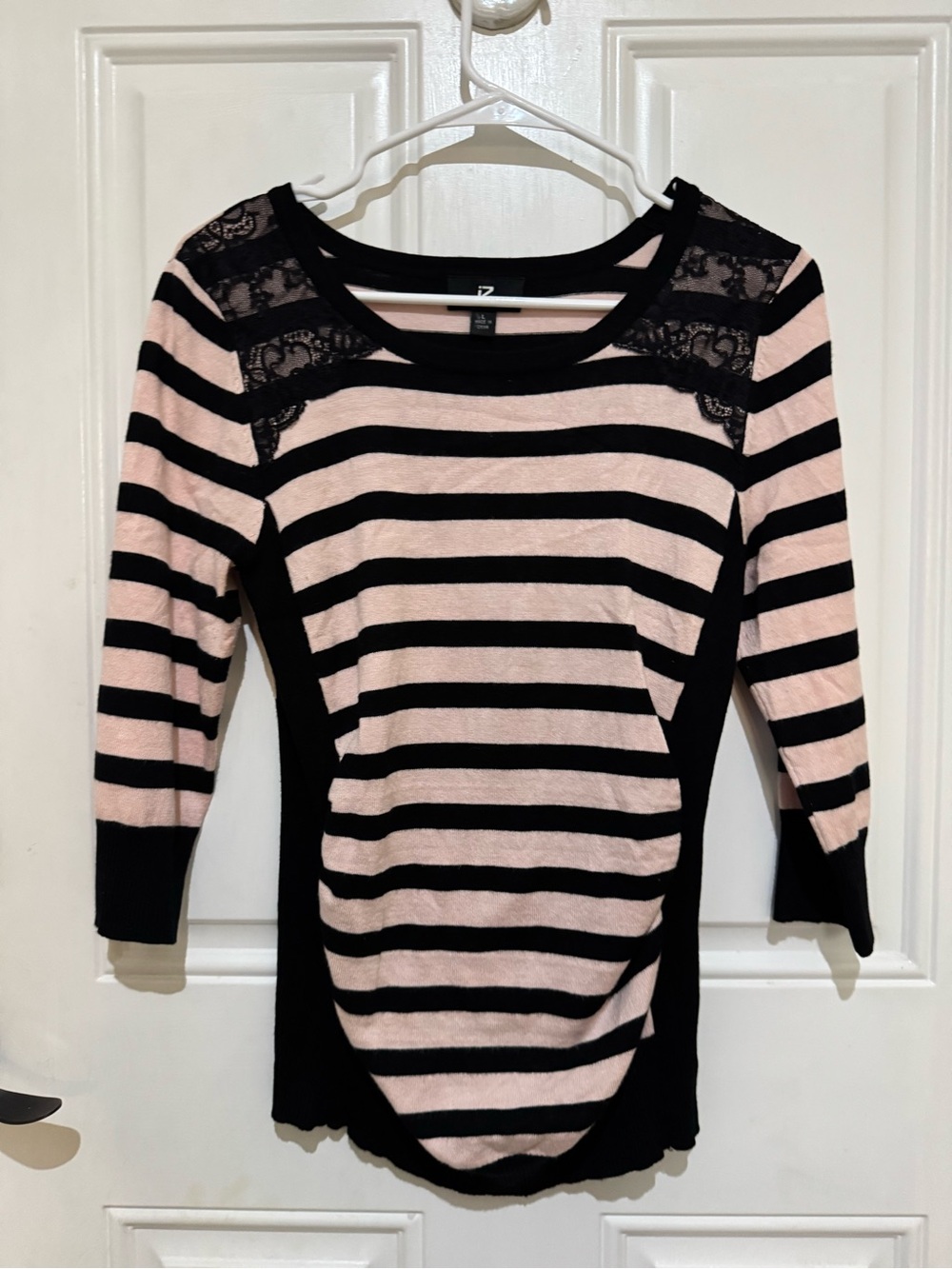 Iz Byer Black & Blush Striped Lace-Shoulder Scoop Neck Sweater